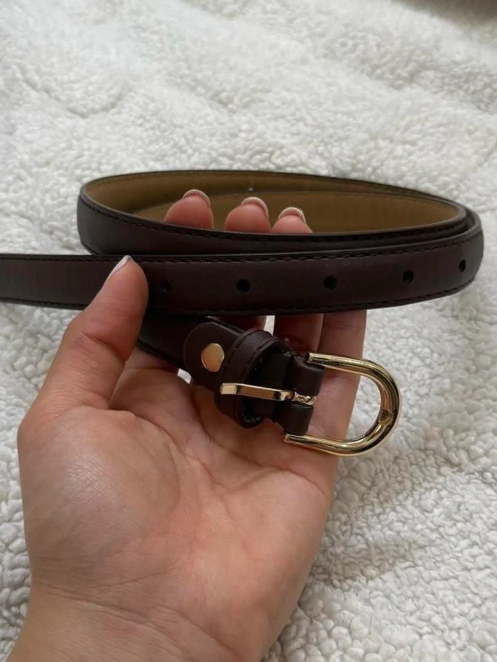 Vintage Inspired Slim Dark Brown Leather Belt with Gold Buckle